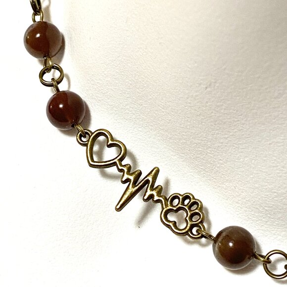 Cute Purple Cat's Eye Bronze Paw Print Heart Beat Adjustable Pendant Choker - Picture 1 of 15